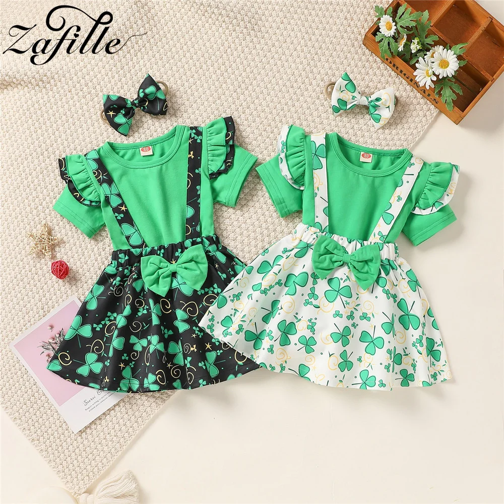 

ZAFILLE 2023 St.Patrick's Day Girls Costume Flying Sleeve Top+Strap Dress Clover Print Kids Girls Clothing Summer Baby Clothes