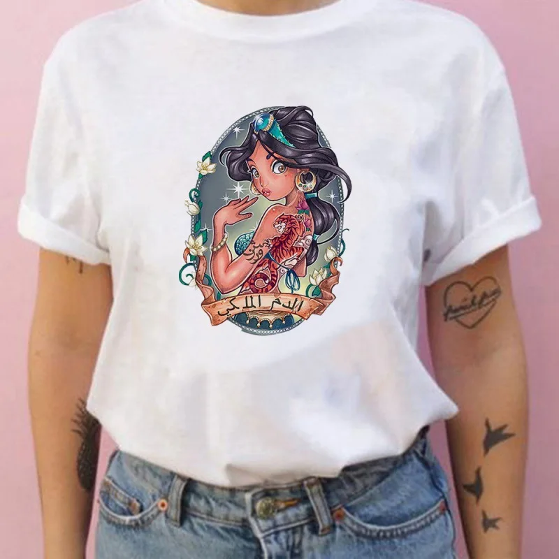 

Summer New Disney Princess Jasmine Pattern Women's Fun Printed Cotton T-shirt Fashion Casual Loose Top Y2K Round Neck Plus Size