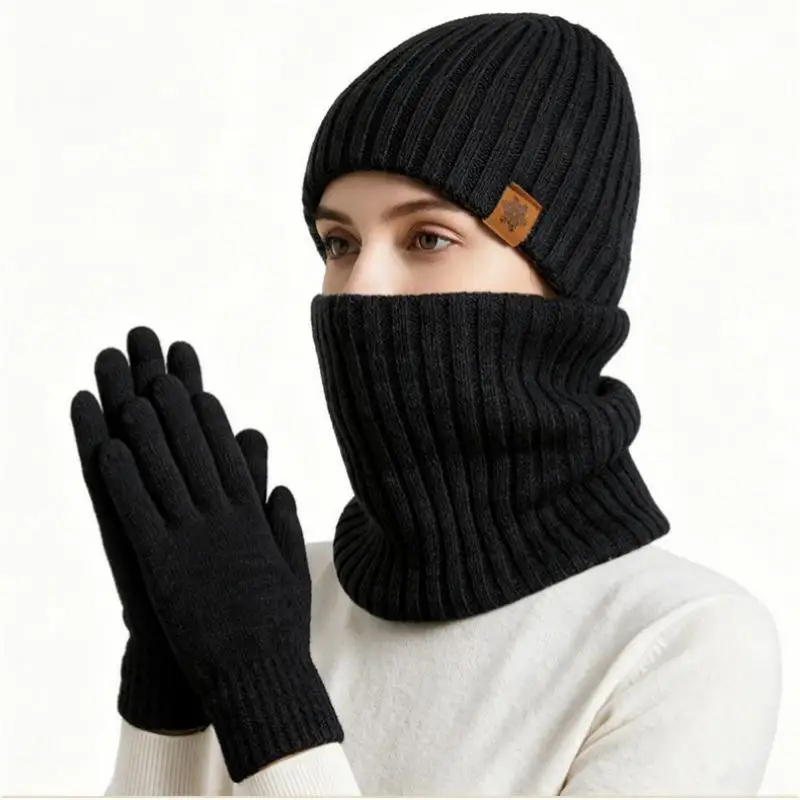 Purcoral 2026 New 3Pcs Winter Knitted Set Ribbed Beanie Hat Neck Warmer Touch Screen Gloves Women Fleece Lined Warm Gloves
