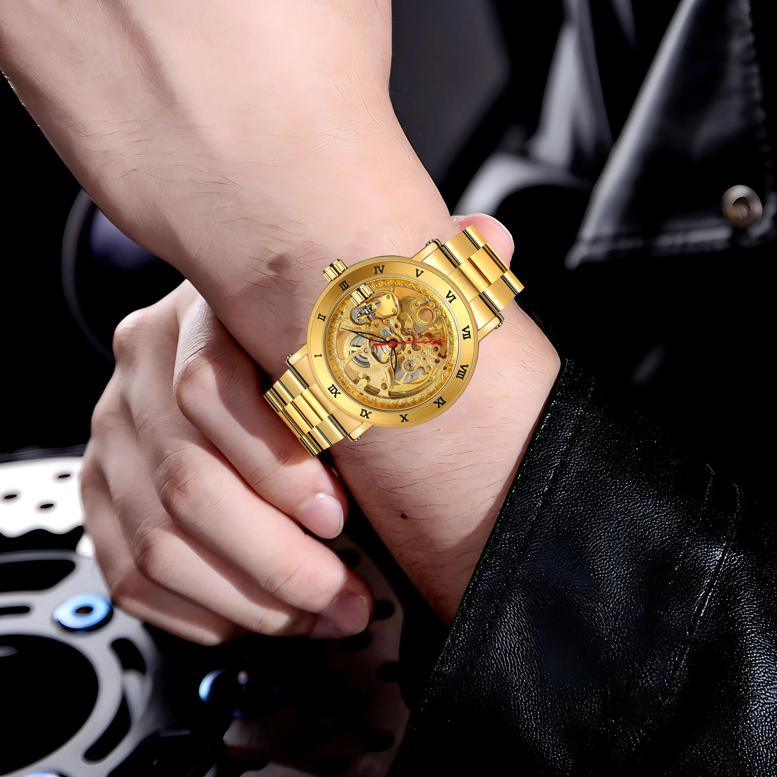 Forsining moda retro masculino esqueleto relógios mecânicos automáticos caso numeral romano design aço inoxidável relógio de pulso negócios