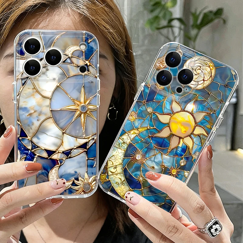 Vintage European Style Phone Case For iPhone 17 Pro Max Coque iPhone 16 15 14 13 Pro Max 11 Clear Silicone Soft Cover Moon Stars