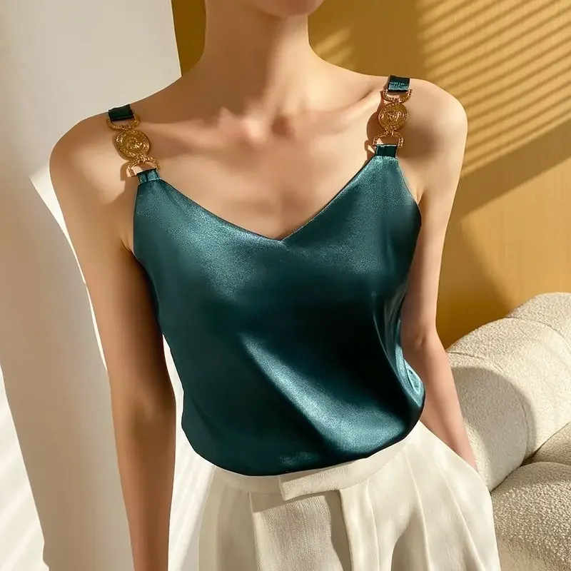 Fashion Sleeveless Top Korean Solid Cami Top V-neck Women Elegant Office Lady Backless Top Silk Spaghetti Camis Summer 2024