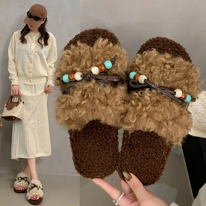 Fashion Comfortable Micro-Curl Fur Slippers Women's Home Warm Resistant to Dirt Single Strap Slippers Autumn Winter New Arrival