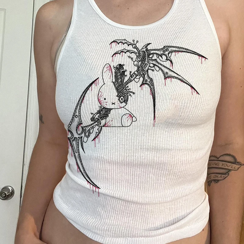 Sommerästhetik Kaninchen God of War Druck Leibchen Vintage Streetwear T-Shirt Gothic Slim Damen Top Crop Top Y2k Kleidung