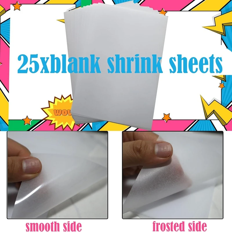 Heat Shrink Plastic Sheet Kit Shrink Papers 25 PCS Large Shrink Film Papers With 100 PCS Keychains For Kids (11.4X8inch)