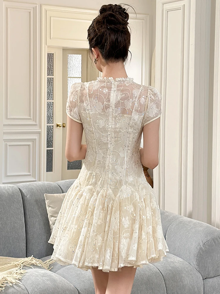 ชุดเดรสเซ็กซี่หรูหราสำหรับผู้หญิง ออกเดท ผ้าซีทรู ปักลายดอกไม้ แต่งระบาย ทรงบอลกาวน์ ประดับกลิตเตอร์ สวยสง่า สำหรับงานปาร์ตี้ คลับ