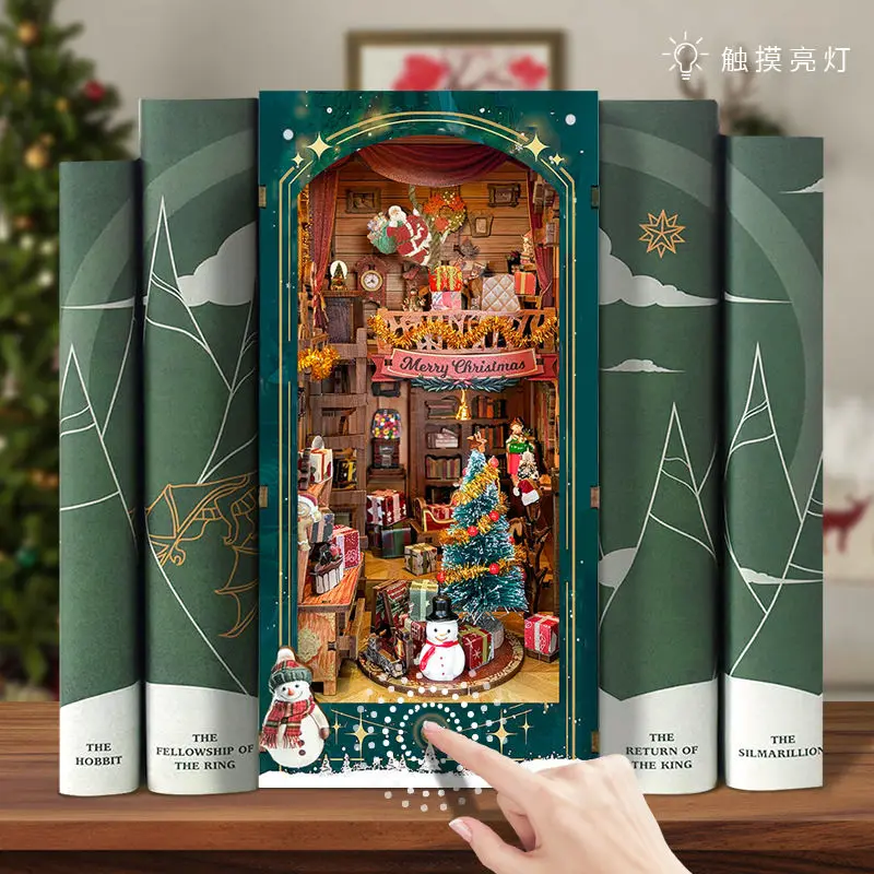 Merry Christmas Diy Wooden Book Nook Shelf Insert Kit Snowy Night Casa Miniature Model Kits Bookshelf Bookend For Friends Gifts