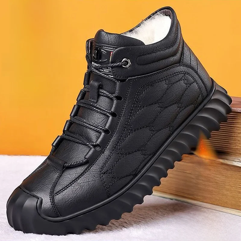 

Теплые зимние мужские ботинки из кожи на флисовой подкладке, утолщенные, нескользящие, с высоким берцем, для повседневной носки