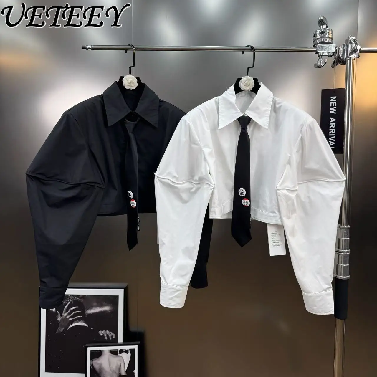 

Autumn New Style Versatile Turn-Down Collar Puff Long Sleeve Top with Tie Design Sense Niche Street Fashion Loose Short Shirt