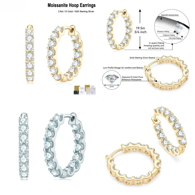 Sparkling 3mm 2.6CT D Color Moissanite Hoop Earrings for Women, 925 Sterling Silver Plated White Gold Wedding Party Jewelry