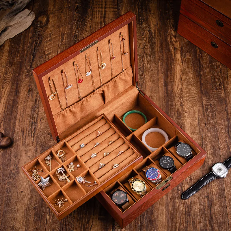 

Wooden Jewelry Storage Box - Multi-Layer Lockable Watch Display Case for Necklaces Rings, Portable Travel Accessory Holder