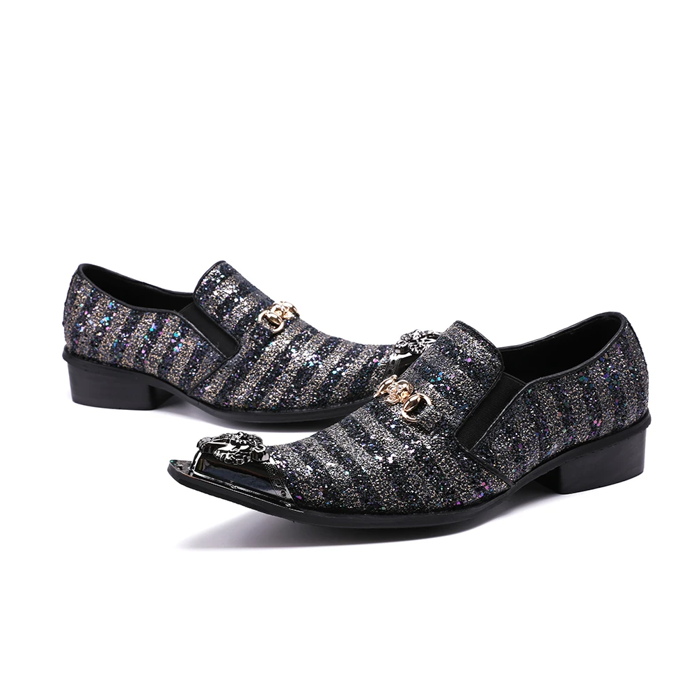 Christia Bella Shiny Sequins Stripe Men Party Oxford Shoes Metal Pointed Toe Men Wedding Dress Shoes Genuine Leather Men Shoes