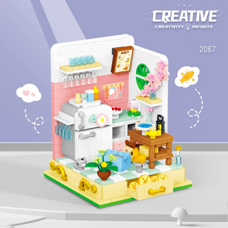 시티 스트리트 뷰 마이크로 빌딩 블록, 크리에이티브 하우스 씬, 요정 타운 커피숍, 플라워 스토어 건축 빌딩 블록 선물