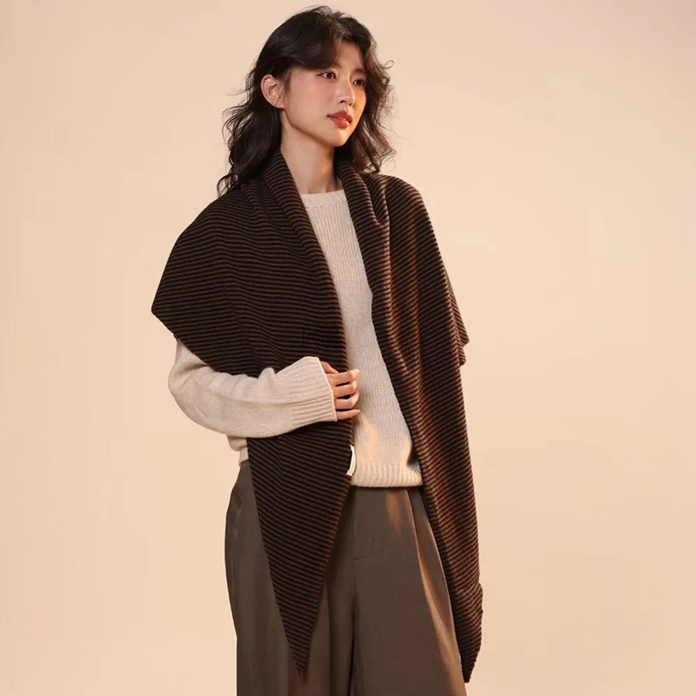 Luxury Striped Large Triangle Shawl for Ladies, 100% Pure Wool Warm Fall Winter Outer Wrap, Soft Thermal Neck Scarf Accessory