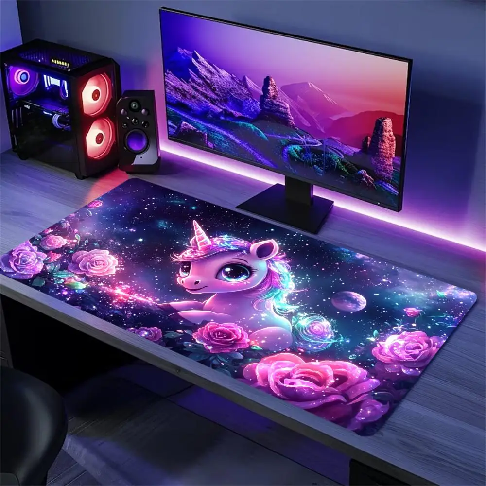 Mousepad Galaxy Unicorn Rose Print Anti Slip Rubber Desk Mat Stitched Edge Keyboard Pad For PC Laptop Gaming Office Table Decor