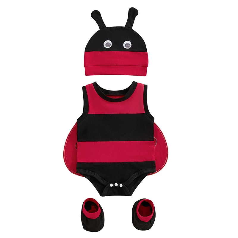 

4-Piece Baby Ladybug Costume Halloween Set Cute Sleevesless Round Neck Romper Wing Hat Socks Cosplay Clothes