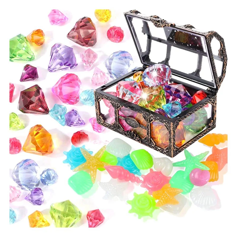 40Pcs Diving Gem Pool Toys Include Colorful Diamonds Set Dive Toy Treasure Chest Underwater Swimming Toy Gem Pirate Box