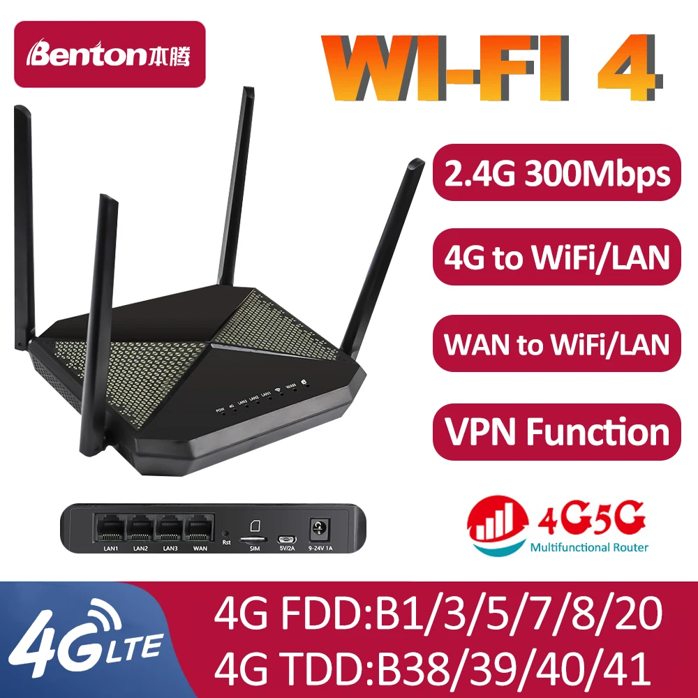 Enrutador 4G desbloqueado Benton, enrutador SIM 4G de 300Mbps con ranura para tarjeta SIM, función WAN LAN VPN de 100Mbps, módem 4G para Asia, Europa y América