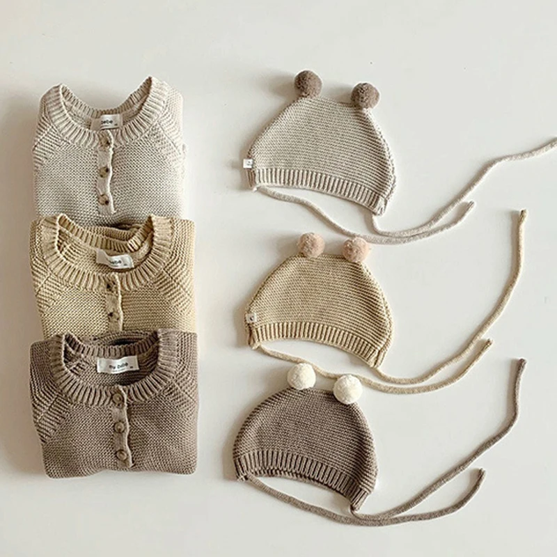 2023 New Toddler Baby Boys Girls Knitted Bodysuit Autumn Infant Jumpsuit Knitwear Outfits Newborn Baby Sweater And Baby Knit Hat