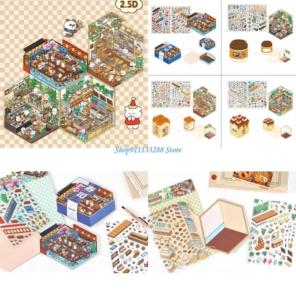 

G88D Cartoon Baking Shop Landscape Sticker Scrapbook Sticker 2.5D Scene Sticker Aesthetic Sticker Scrapbooking Supplies