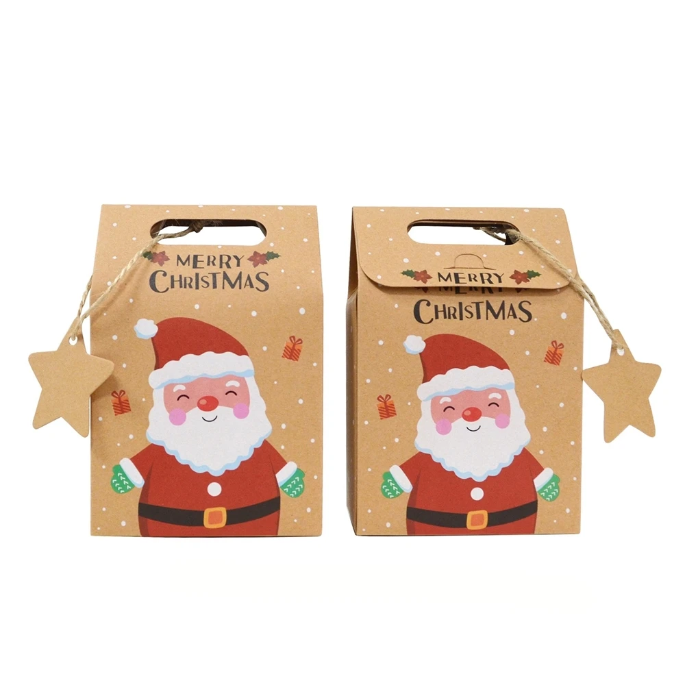 6pcs Christmas Gift Box Kraft Cartoon Santa Claus Cookies Candy Packing Paper Bags Merry Xmas Happy New Year Party Decorations