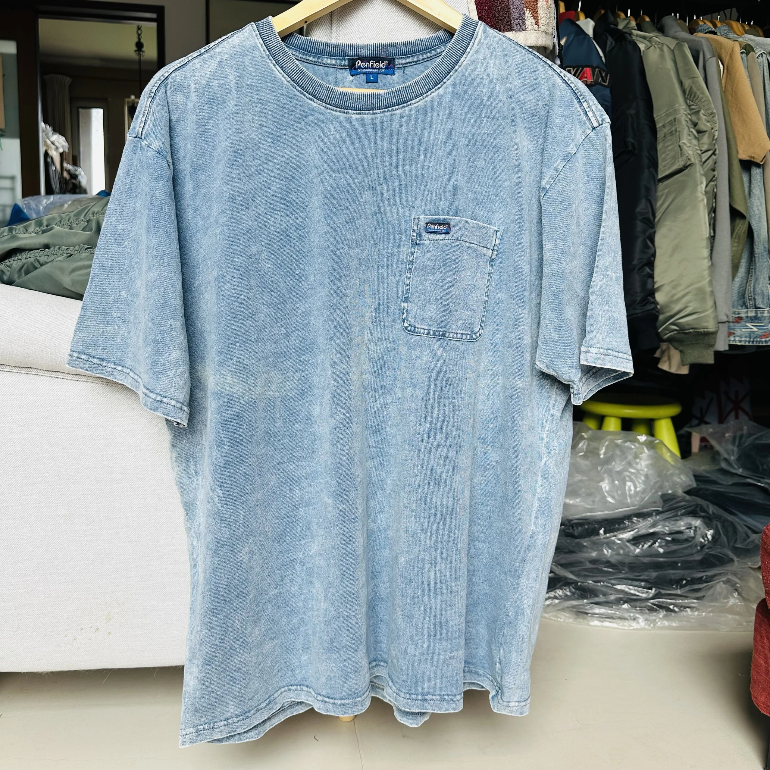 

Penfield Pure Cotton Waed Dyed ort Sve T-irt round Ne Spring Summer Loose Fit Breathable f Sve irt