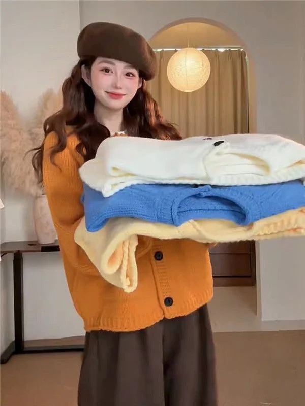 Laid-back Style Orange round Neck Single Button Knitted Sweater Coat Women's Autumn Winter Loose Soft High-End Feeling Open C...
