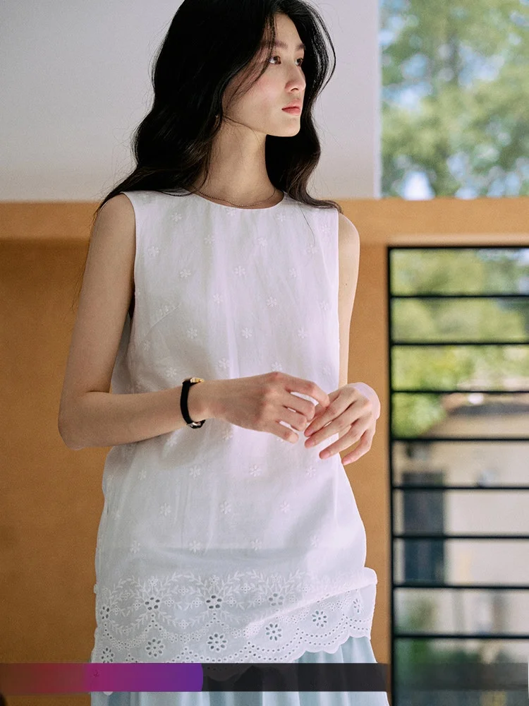 

Jicouture Pure Cotton Hollow out Cool Summer Top Women's Svel Loose Lace Vest Breathable Comfortable Casual irt