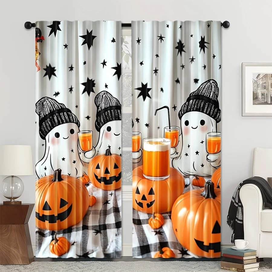 2PCS Digital Printed Curtains, Cute Ghosts Beanies Pumpkin Latte Plaid Stars, Cozy Fall Halloween Cartoon Window Decor Kids