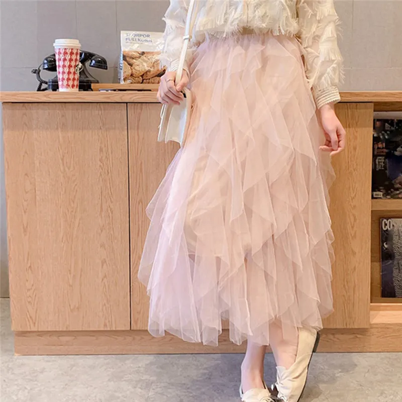 High Waist Mesh Skirt Women's Midi Skirt Street Style A-Line Silhouette Polyester Fabric Midi Skirt for Young Girls