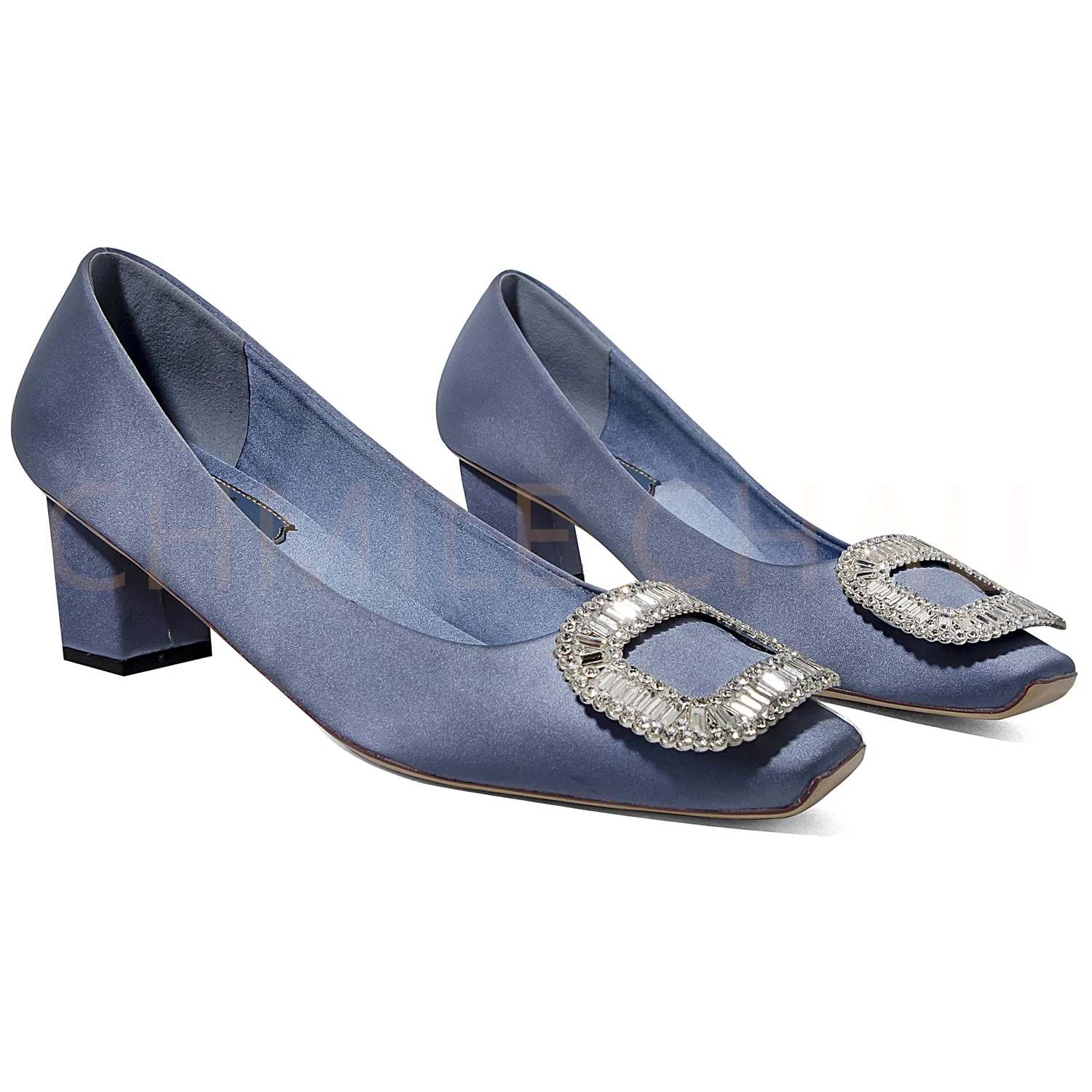 【Measure your feet length before order】Crystal Buckle Women Hoof High Heel Square Toe Pumps Elegant Evening Party Shoe 19-CHC-33