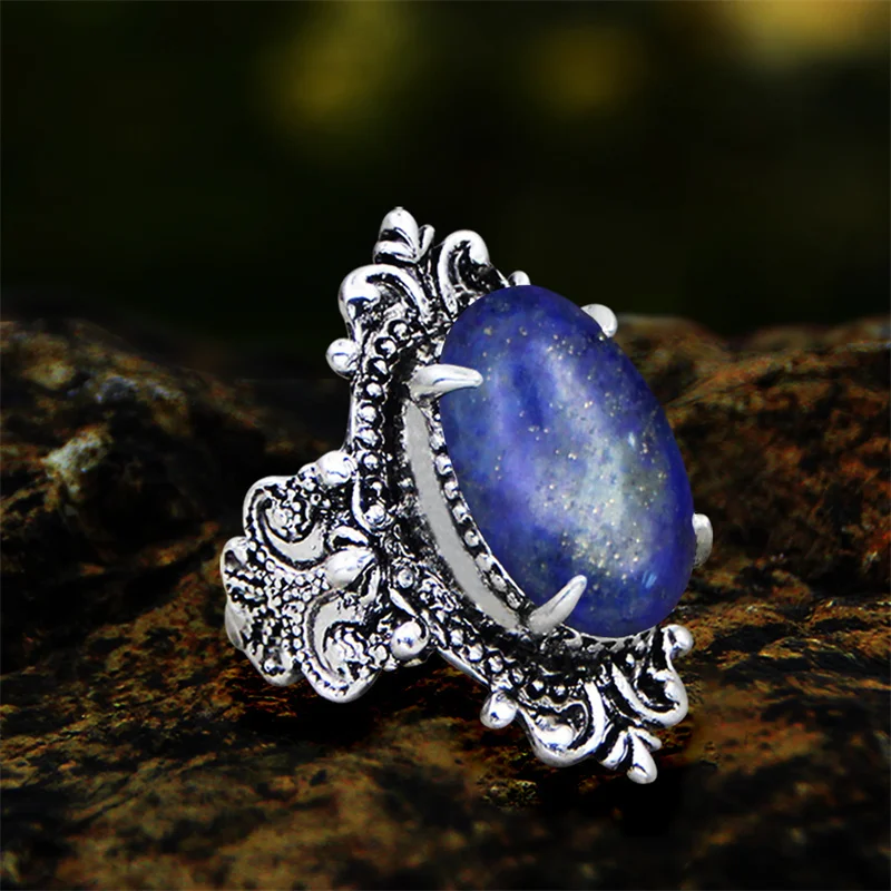 Natural Quartz Lapis Lazuli Rings For Women Antique Silver Plated Natural Stone Unakite Tiger Eye Flower Cross Flower Ring