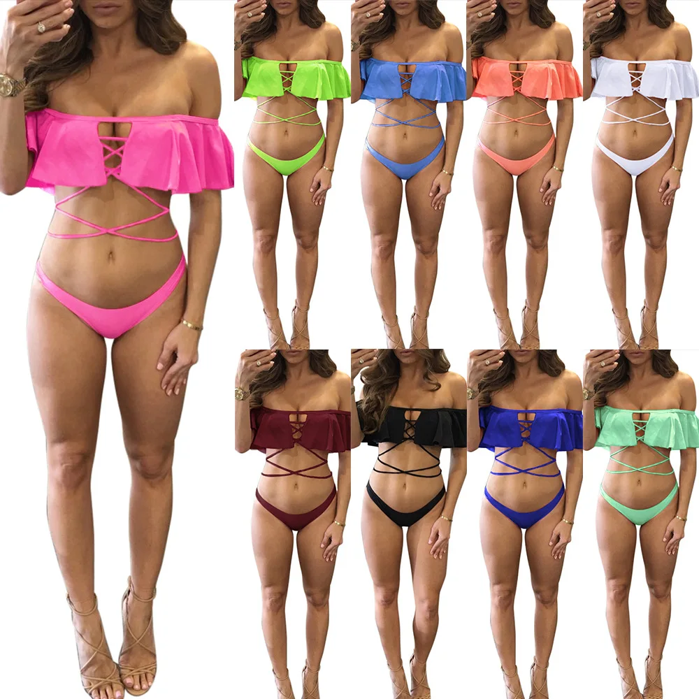 

Sexy One-word Collar Ruffle Edge Strap Swimsuit Two-piece Set Multi-color Suit