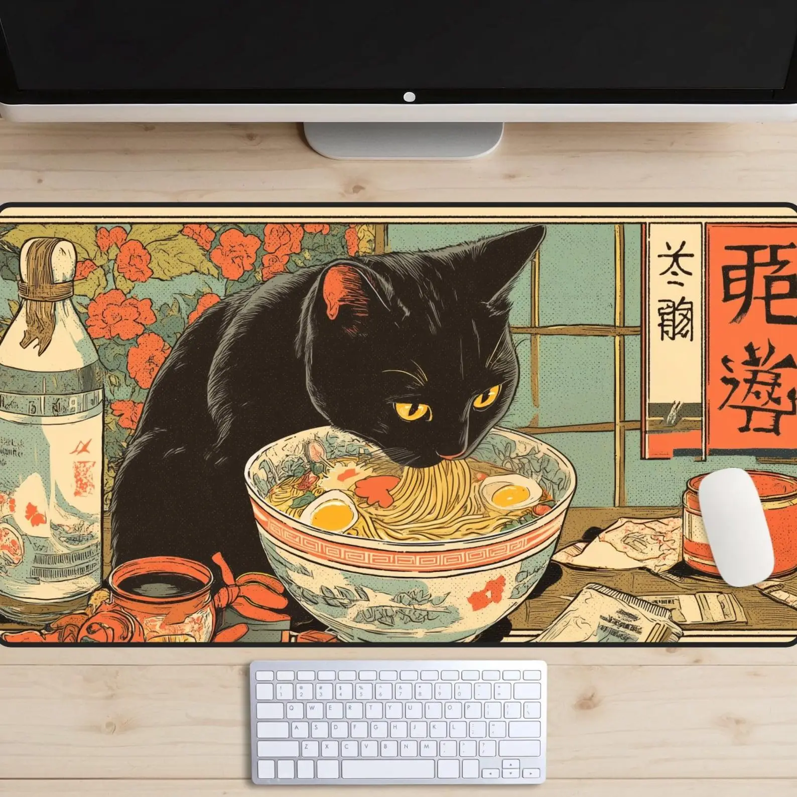 

Japan Anime Black Cat Desk Topper Cats Love Ramen Deskmat Ramen Shop Desk Pad 90's Tokyo Pop Art Mousepad Laptop Mat, Vintage