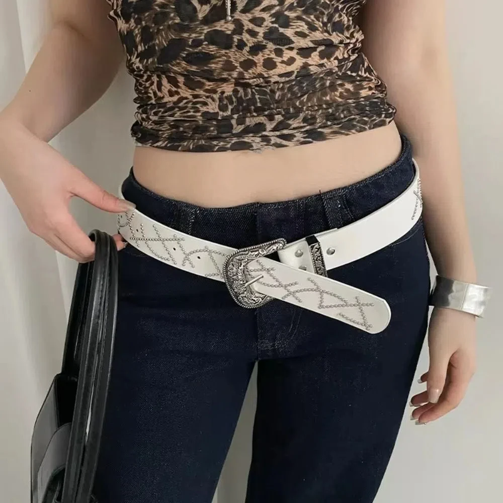 حزام نسائي كوري أمريكي قوطي أسود وأبيض بإبزيم حزام خصر برشام Y2k فستان حزام جينز ملابس الشارع