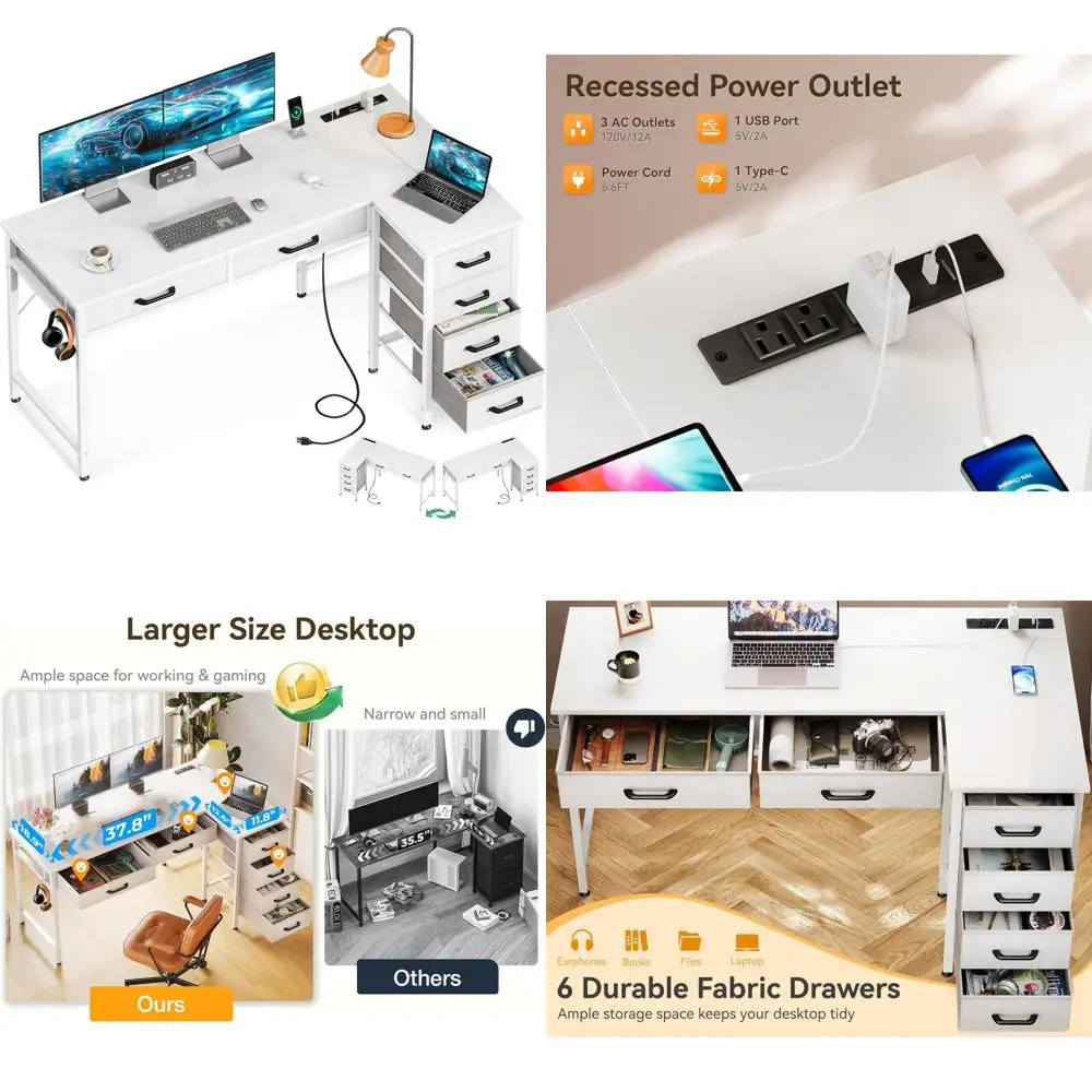 

50 Inch L-Shaped Desk with 6 Drawers, Power Outlets, and Reversible Corn for Home Office Use