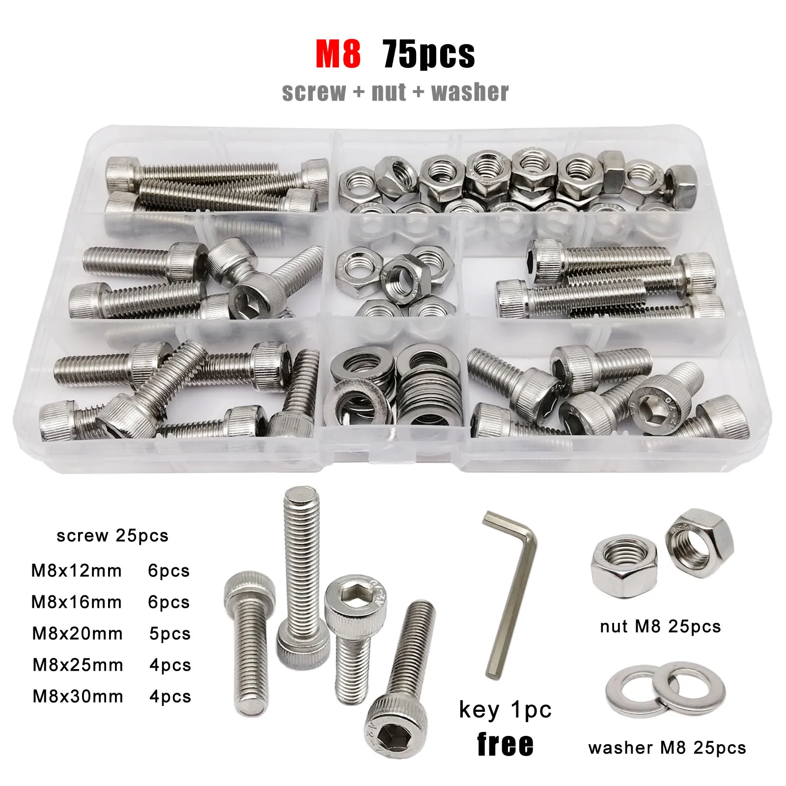 

1 коробка M1.6 M2 M2.5 M3 M4 M5 M6 M8 DIN912 304 A2 Нержавеющая сталь Шестигранная головка Винт с шестигранной головкой Набор гаек