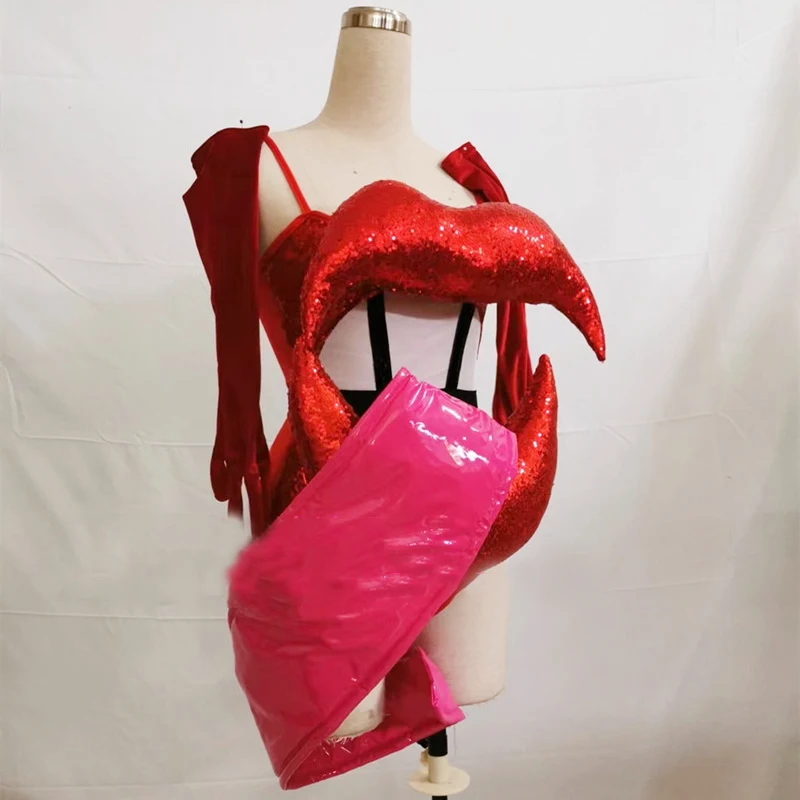 Nowa damska odzież do tańca Gogo Big Lip Red Sequins Bodysuit Women Party Outfit Bar Nightclub Dj Ds Stage Pole Dance Costume Set