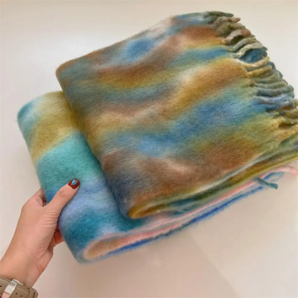 Women Winter Scarf Vintage Colorblock Thick Tie dye Soft Warm Decorative Tassel Neck Shoulder Long Wide Shawl