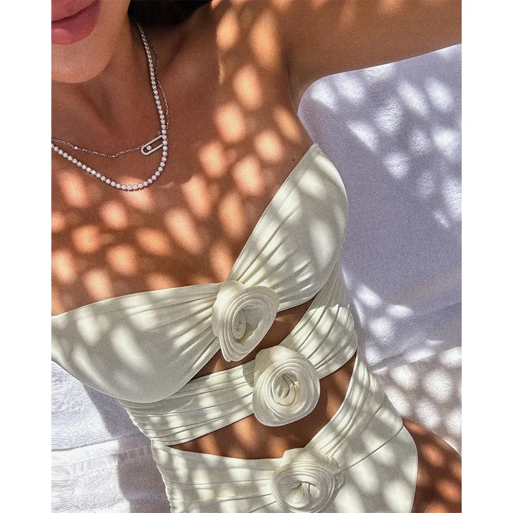 One Piece Women Floral Lace Up 2024 Push-Up Padded Bra White Swimsuit Swimwear Bathing Suit Beachwear Monokini Female