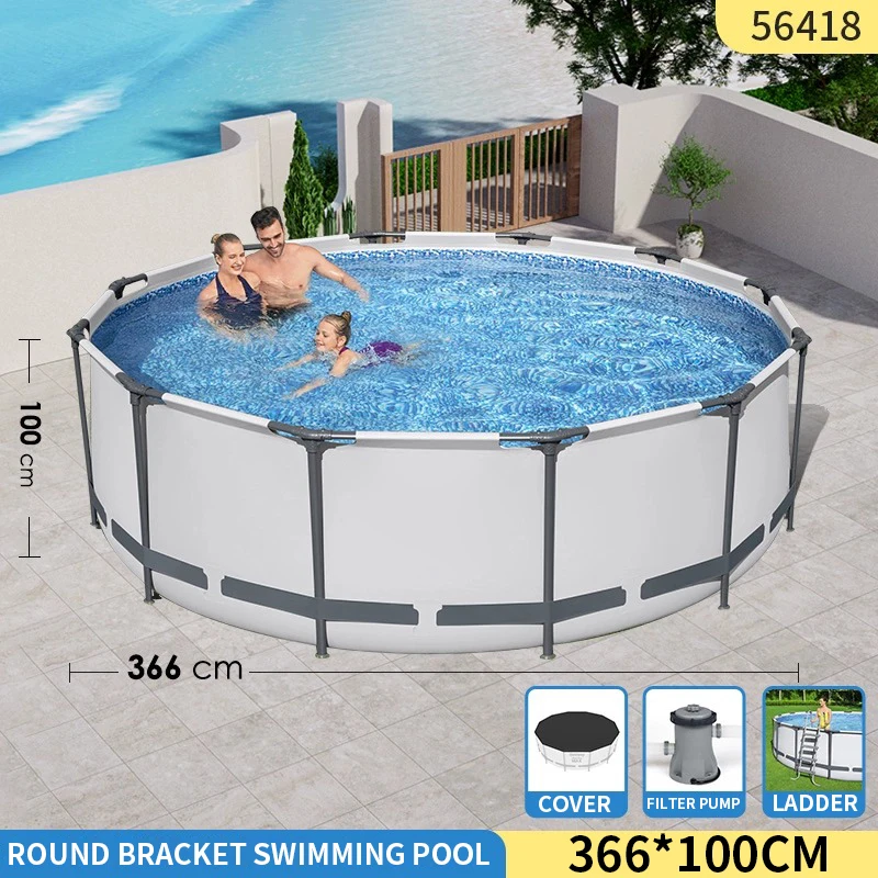 366x100CM/457x122CM Round Above Ground Swimming Pool Set Outdooor Metal Frame Family Pool with Filter Pump