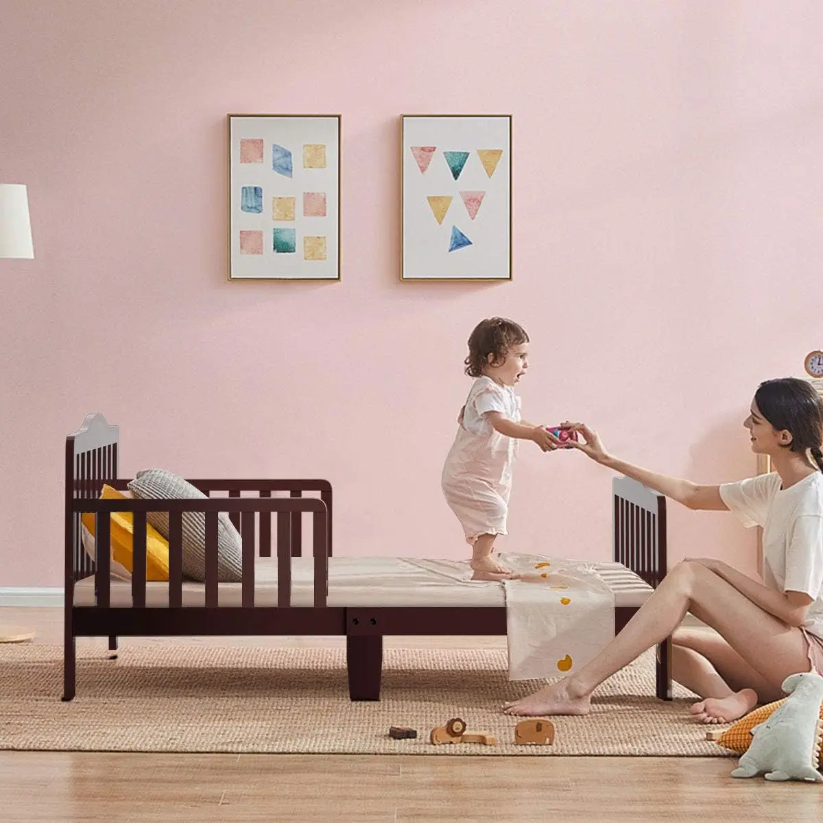 Toddler Bed Frame, Solid Rubber Wood Frame w/Safety Guardrail, Fits Crib Full Size Mattress (Not Included), Children C