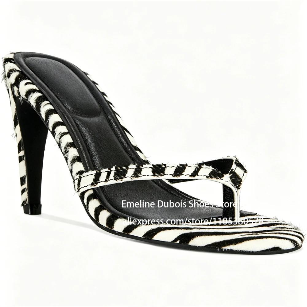 Zebra Print Pony Hair High Heel Flip Flops Open Toe Slip on Spike Heels Slide Sandals Animal Print Party Summer Shoes for Women - view 3