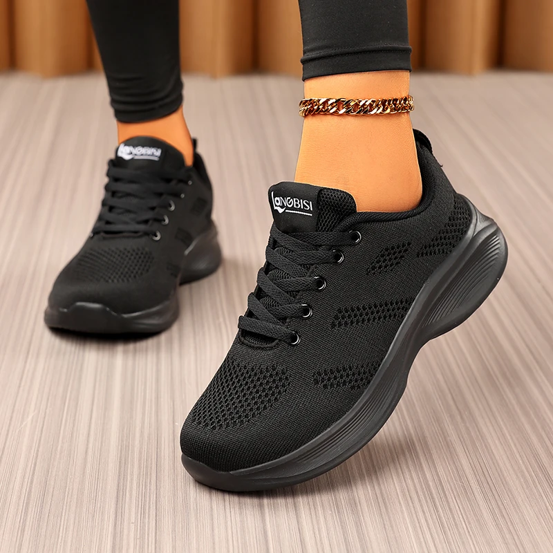 

Women's Black Sneakers, Mesh Lace-Up Travel Shoes, Lightweight Work Shoes, Student Running Shoes, Breathable Low-Top Shoes That Can Be Worn in All Seasons