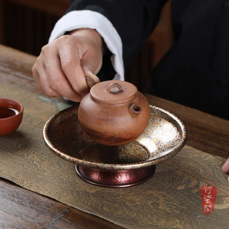 Handmade Hammered Copper Tea Tray with Wood Grain Base Elegant Gold Finish Dry Brewing Table for Kung Fu Tea Set and Fruit