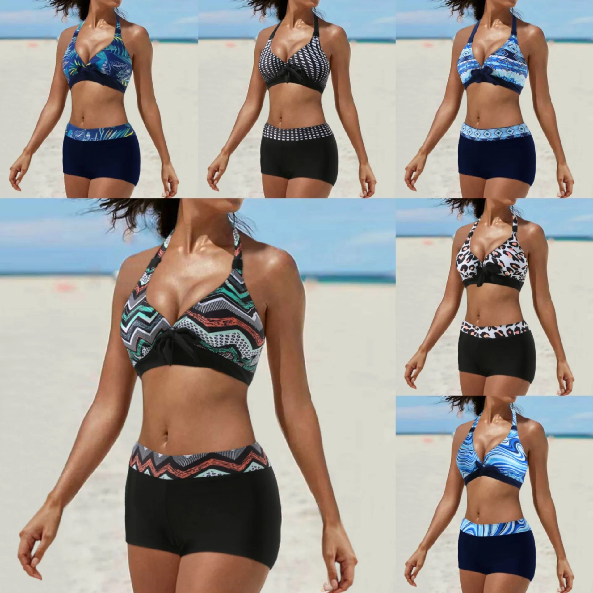 Woman Bikini Tankini Halter Neck Top High Waist Shorts Bikinis Geometric Print Two Piece Swimsuit Leopard Print Adjustable