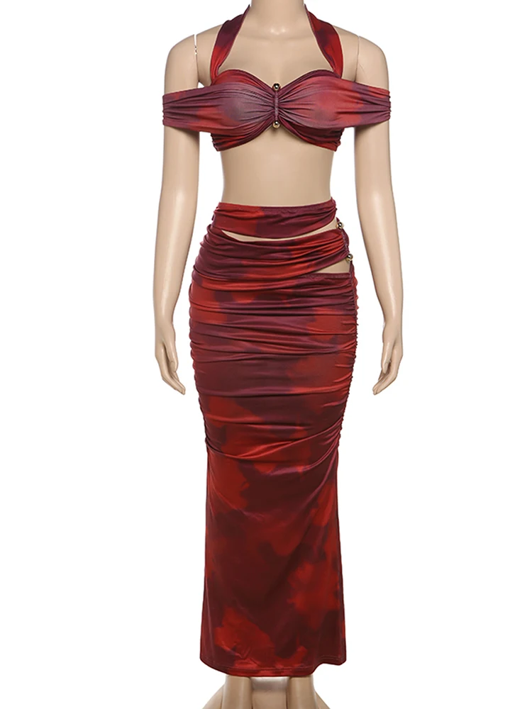 Nibber Sexy Folds 2-Piece Set Women Halter One Shoulder Metal Trim Mini Tops+Hollow Long Skirts Beach Party Slim Matching Suits