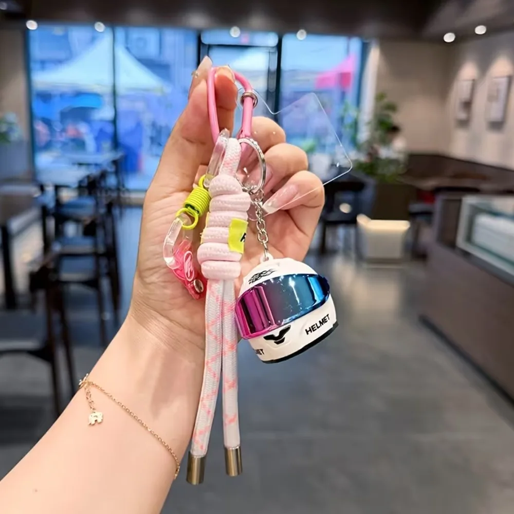 3D Motorcycle Helmet Keychain Flip-up Style Gradient Goggles Helmet Key Fob Weaving Rope Realistic Mini Helmets Keychain