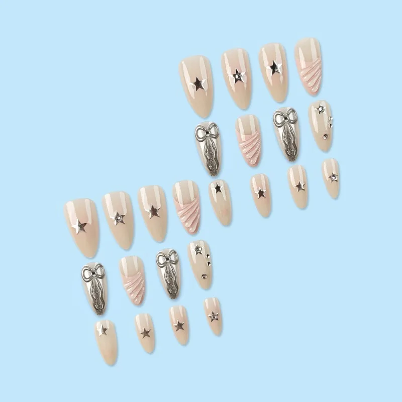 24 قطعة من الأظافر الصناعية مع حواف مسحوقة على شكل نجمة جل بالتنقيط مسحوق مرآة ثلاثية الأبعاد وتصميم القوس أطراف أظافر مناسبة للفتيات