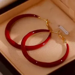 MHS.SUN Retro Big Red Hoop Earrings for Women Fashion Large Small 3 Sizes Circle Earrings Elegant Senior Sense Ear Jewelry Gifts